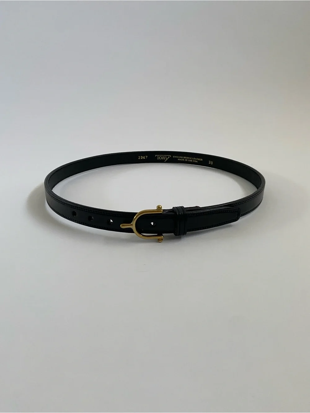 Tory Slim Black Leather Belt with Gold Spur Buckle